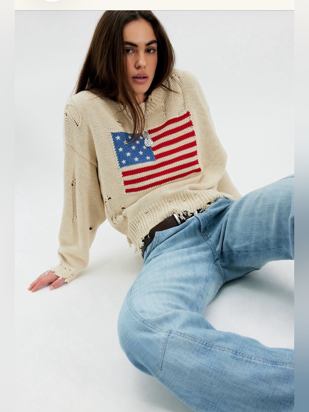 Free People Denimist Oversized Cropped American Flag Sweater NWT